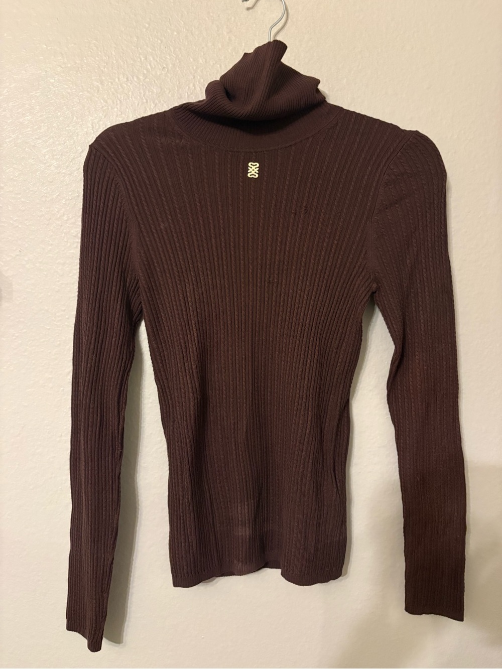 Sandro Chocolate Ribbed Turtleneck Sweater with flaws
